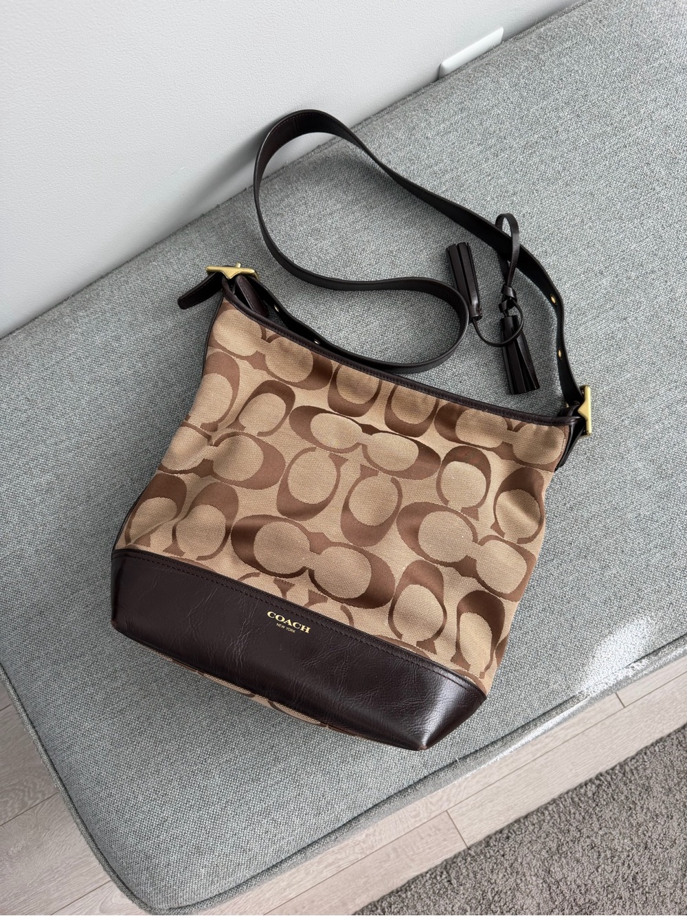 Coach Brown Signature Canvas Shoulder Bag with Dark Brown Leather Trim